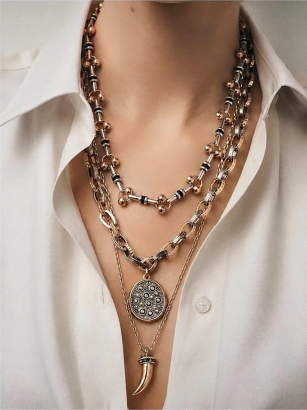 Bellavene Luxe Mixed Metal Layered Horn Pendant Necklace